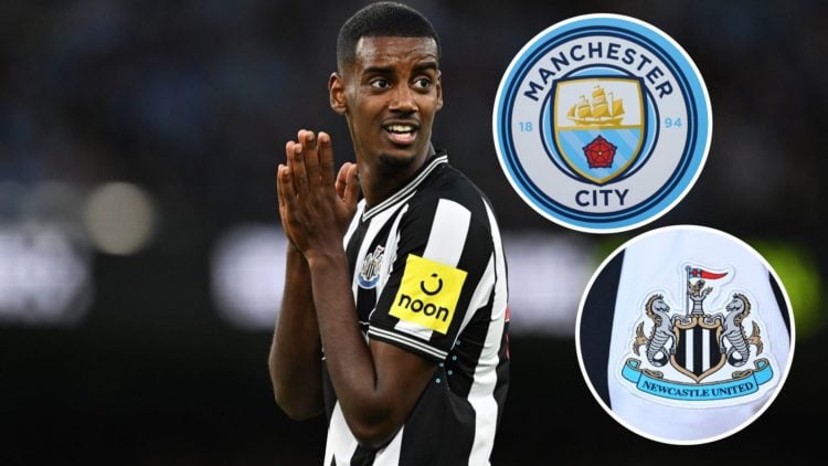 Alexander Isak looking on (main image) with insets of Newcastle United badge (bottom right corner) and Manchester City crest (top right corner)