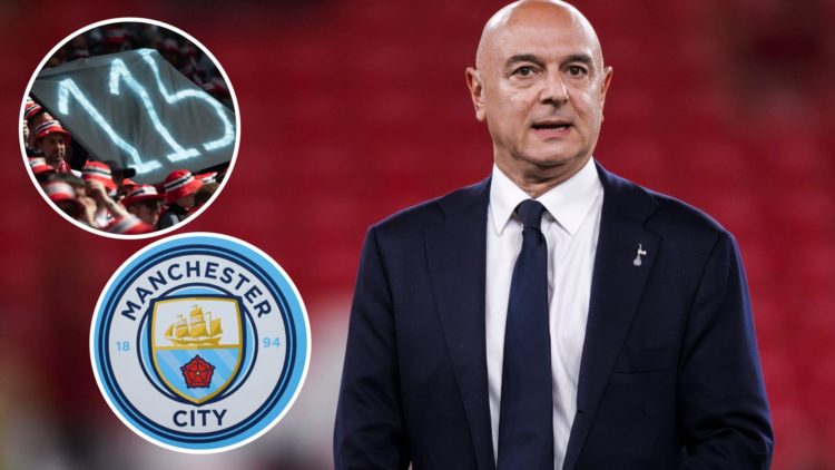 Tottenham Hotspur chairman Daniel Levy looking on (main image) with insets of a banner of Manchester City's 115 financial charges (top left corner)...