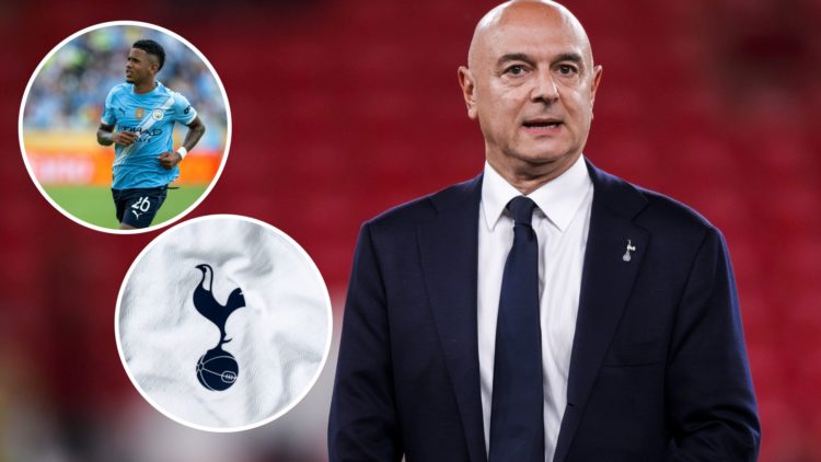 Daniel Levy looking on (main image) with insets of Manchester City's Savinho in action (top left corner) with inset of Tottenham Hotspur badge (bot...