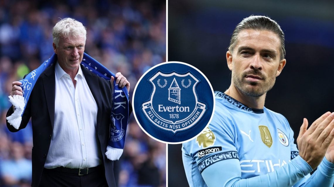 Split Image of David Moyes with a scarf around his neck (left) and Jack Grealish clapping (left) with inset of Everton badge (middle)