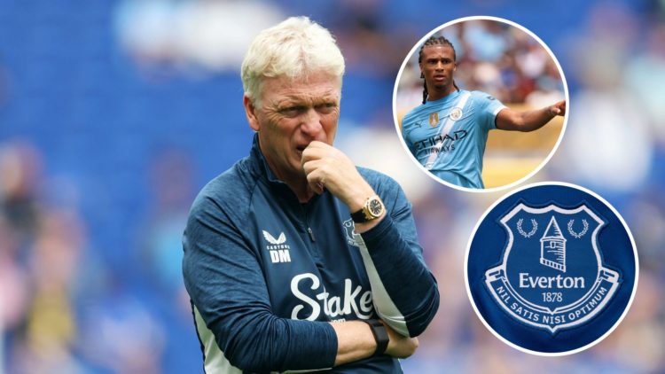 David Moyes looking on (main image) with insets of Manchester City's Nathan Ake in action (top right corner) and Everton badge (bottom right corner)
