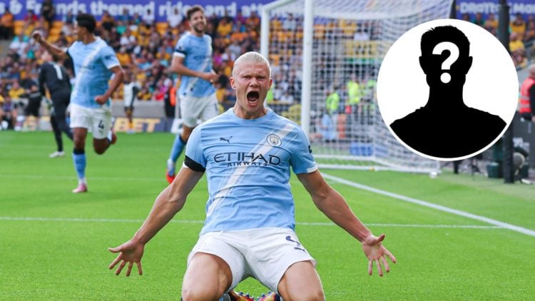 Manchester City's Erling Haaland celebrating (main image) with insets of mystery player (top right corner)
