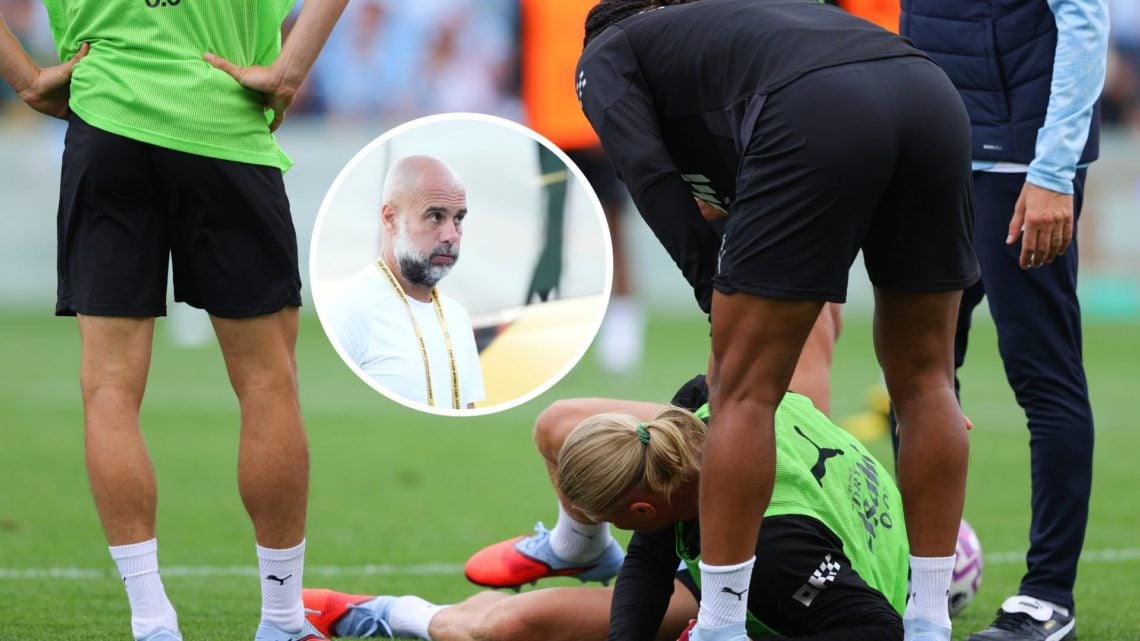 Erling Haaland laying on the floor after an injury in Manchester City's open training session (main image) with inset of Pep Guardiola looking on (...