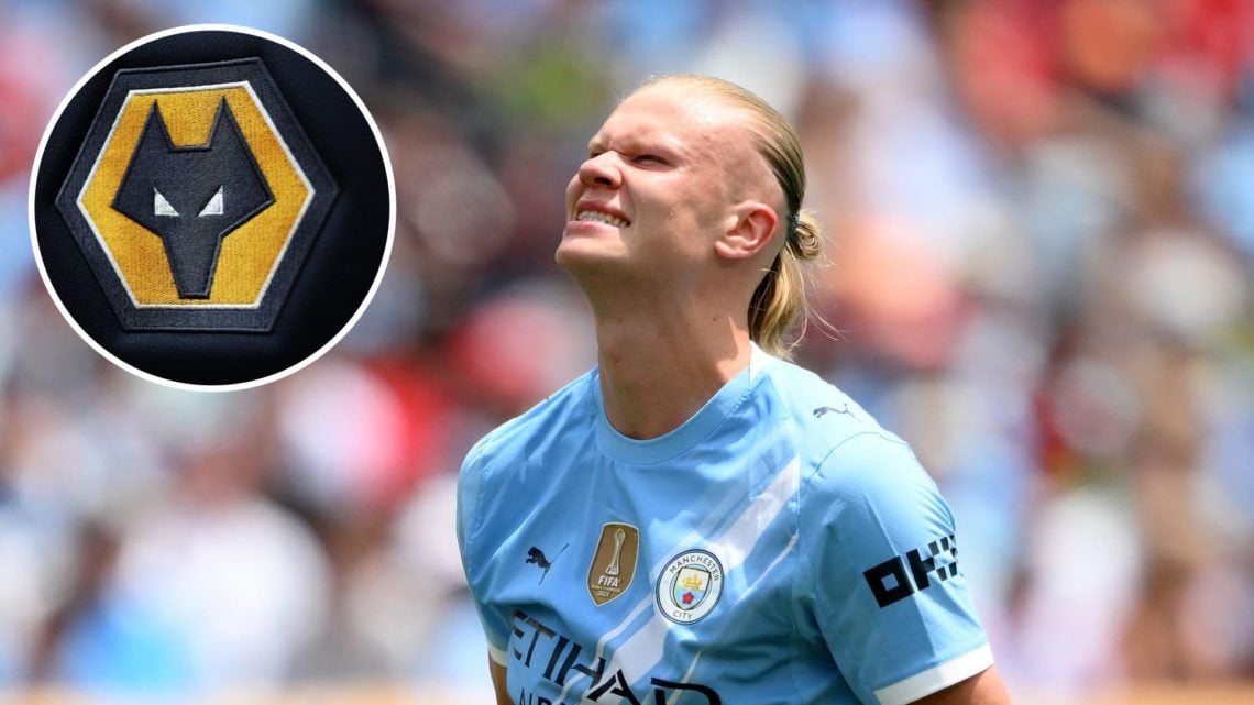 Manchester City's Erling Haaland grimacing (main image) with inset of Wolverhampton Wanderers badge (top left corner)