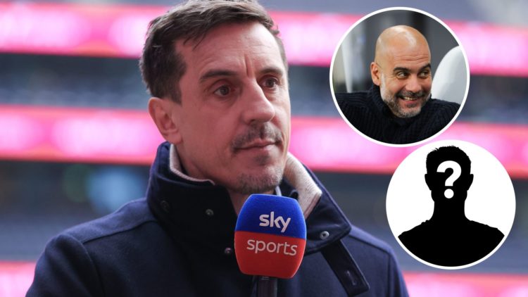 Gary Neville looking on (main image) with insets of Manchester City manager Pep Guardiola smiling (top right corner) and mystery player (bottom rig...
