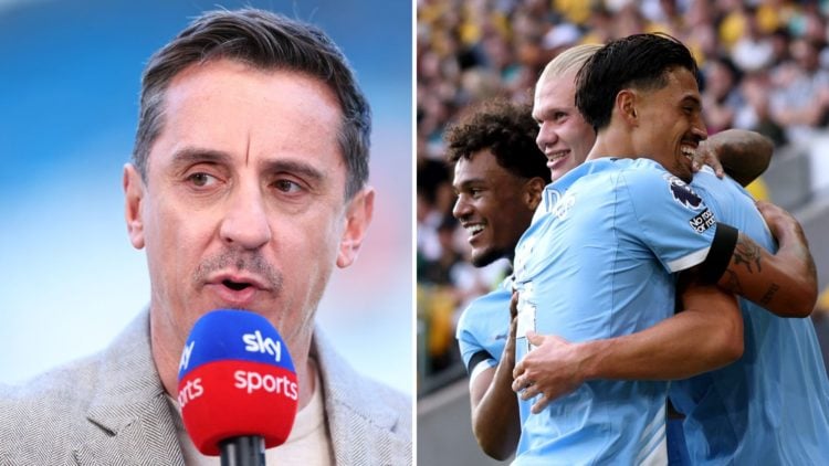 Split Image of Gary Neville speaking (left) and Manchester City's Tijjani Reijnders smiling (right)