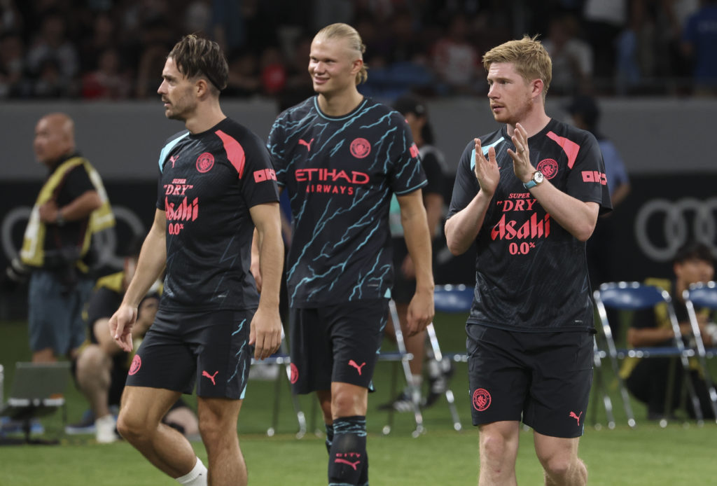 Kevin de Bruyne, Erling Haaland, Jack Grealish of Manchester City and teammates celebrate the victory following the preseason friendly match between Manchester City and Bayern Muenchen at Japan National Stadium on July 26, 2023