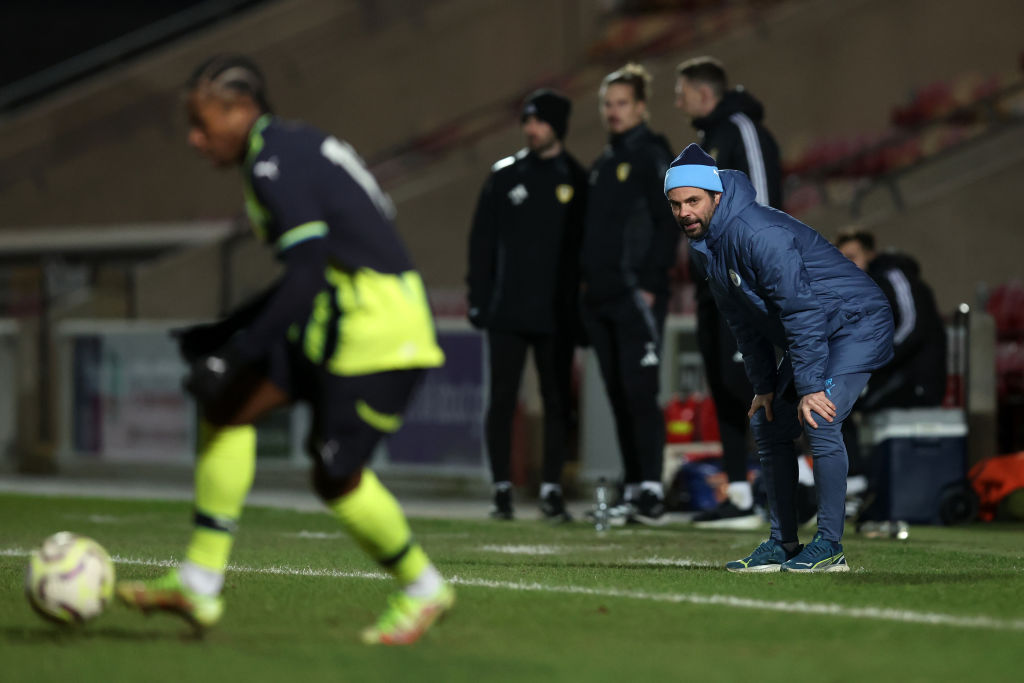 Oliver Reiss, Head Coach of Manchester City U18 looks on during the The FA Youth Cup 5th Round match between Leeds United and Manchester City at LNER Community Stadium on February 04, 2025 in York, England.
