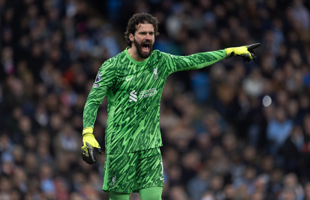 Liverpool goalkeeper Alisson Becker during the Premier League match between Manchester City FC and Liverpool FC at Etihad Stadium on February 23, 2025