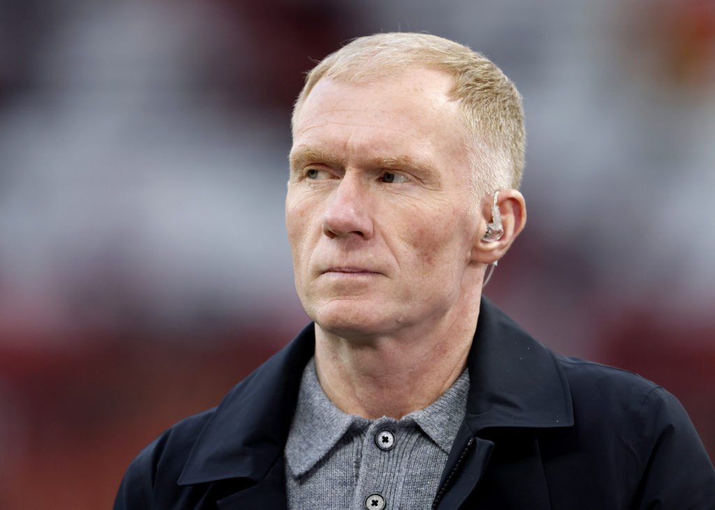 Paul Scholes working as a pundit during Manchester United v Olympique Lyonnais.