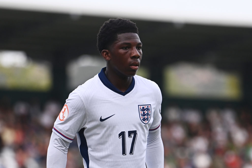 Ryan McAidoo in action during England v Belgium at the European Under-17 Championship