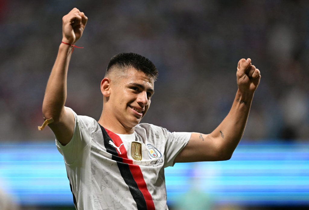 Claudio Echeverri celebrates his goal at the FIFA Club World Cup.