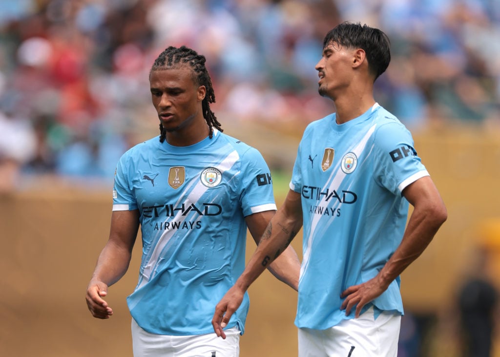 Nathan Ake of Manchester City reacts wth team mate Tijjani Reijnders during the FIFA Club World Cup 2025 group G match between Manchester City FC and Wydad AC at Lincoln Financial Field on June 18, 2025