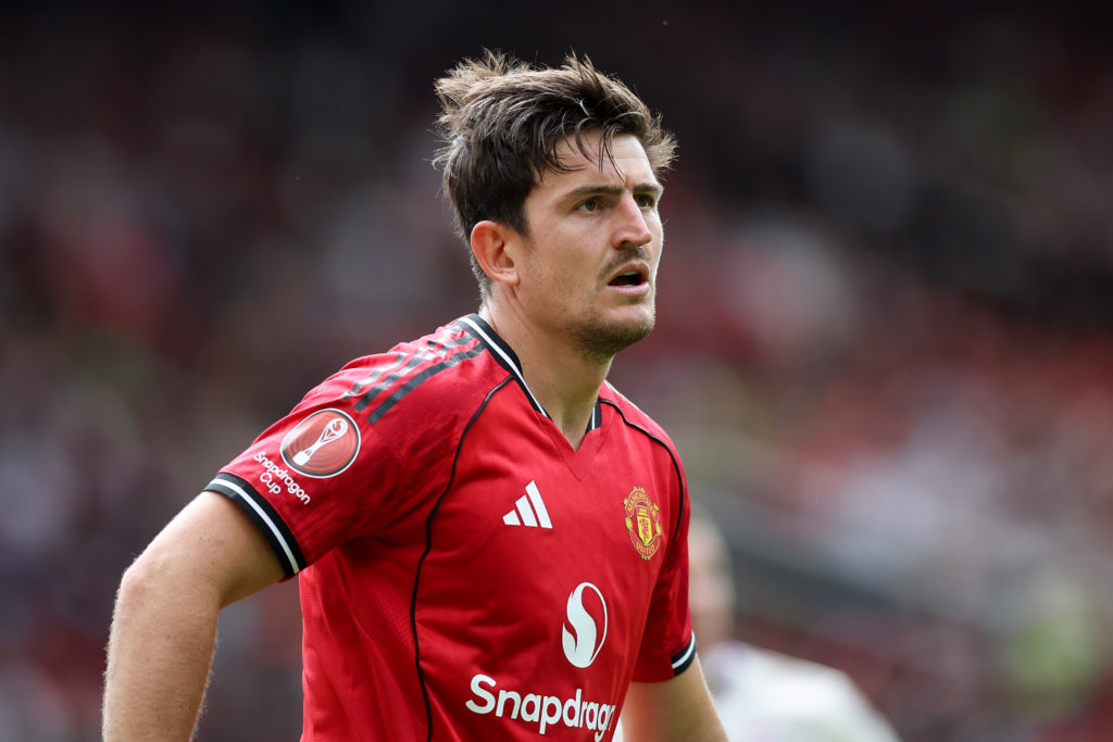 Harry Maguire in action for Manchester United v Fiorentina.