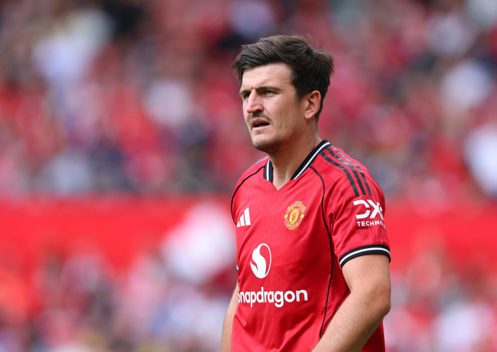 Harry Maguire in action for Manchester United v Fiorentina.