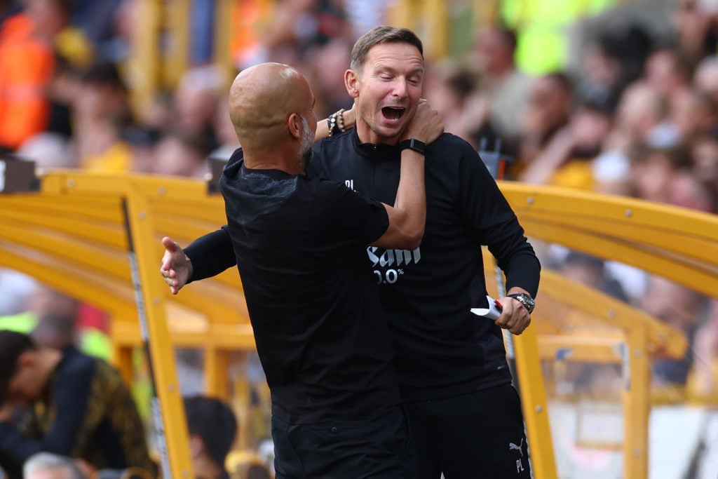Pep Guardiola hugging Pep Lijnders during Wolverhampton Wanderers v Manchester City.