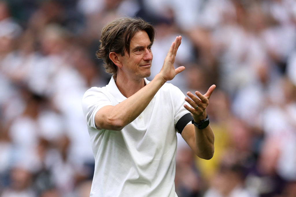 Thomas Frank applauds the crowd during Tottenham Hotspur v Burnley.