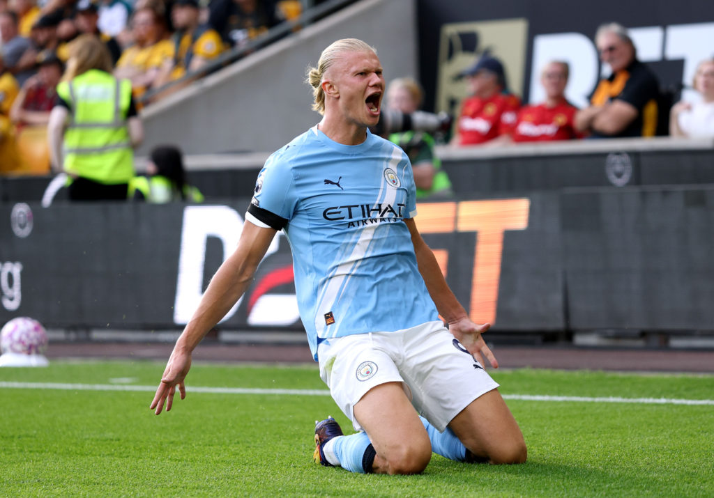Erling Haaland celebrates his goal during Wolverhampton Wanderers v Manchester City.