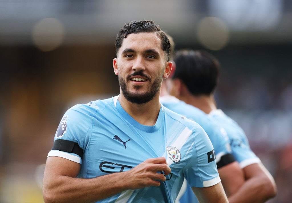 Rayan Cherki smiling during Wolverhampton Wanderers v Manchester City - Premier League.