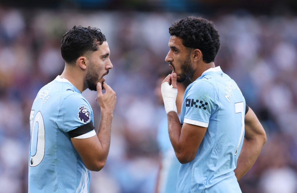 Rayan Cherki and Omar Marmoush of Manchester City during the Premier League match between Wolverhampton Wanderers and Manchester City at Molineux on August 16, 2025