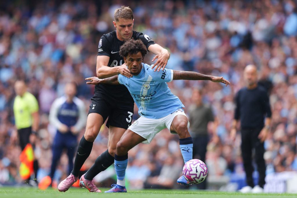 Oscar Bobb in action during Manchester City v Tottenham Hotspur.