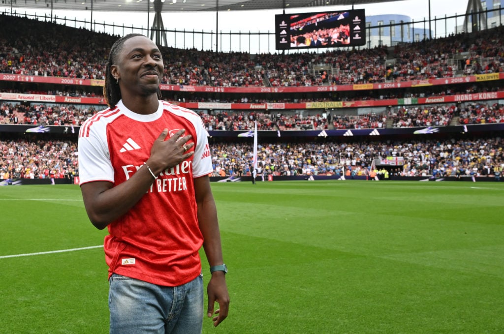 Eberechi Eze smiling before Arsenal v Leeds United