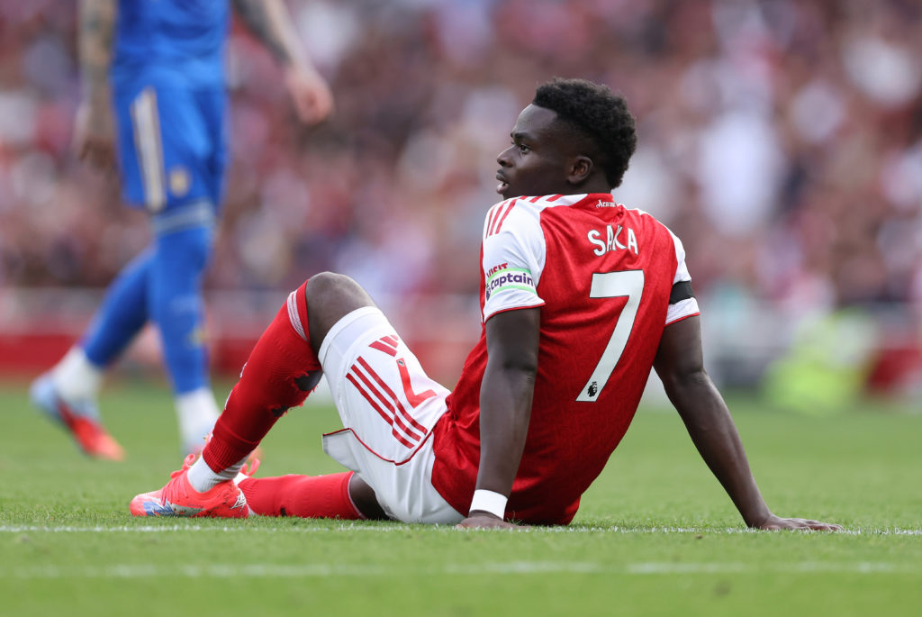 Bukayo Saka after suffering an injury during Arsenal v Leeds United