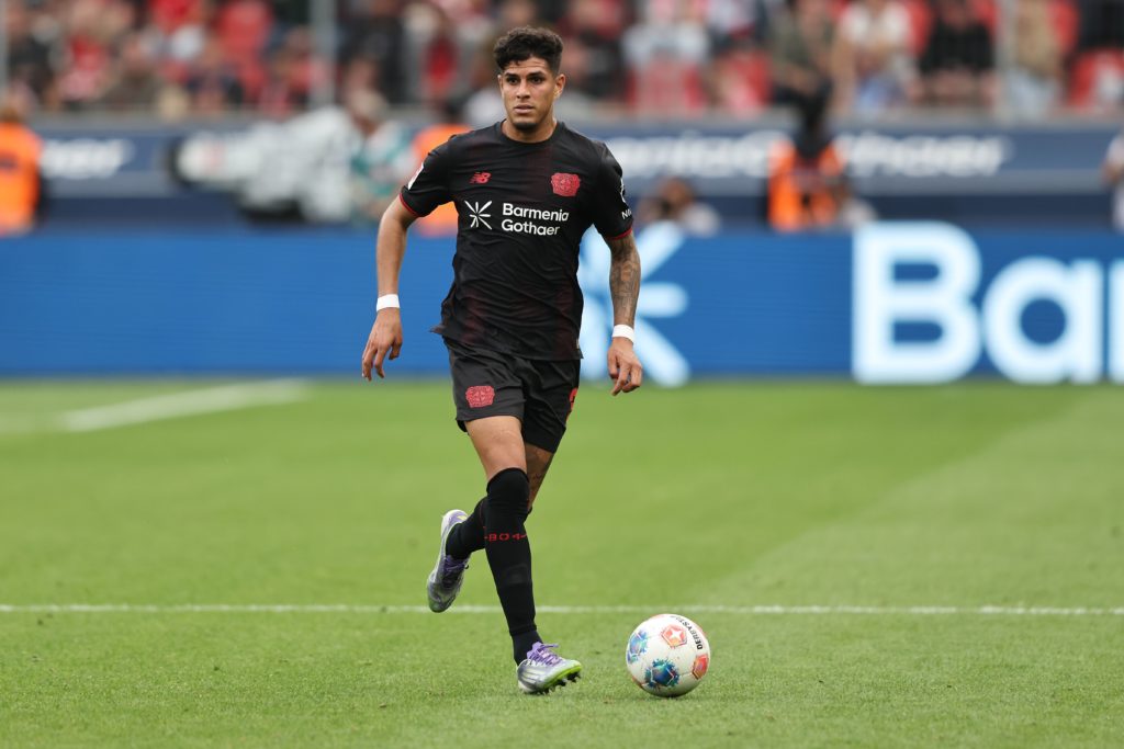 Piero Hincapie in action during Bayer 04 Leverkusen v TSG Hoffenheim