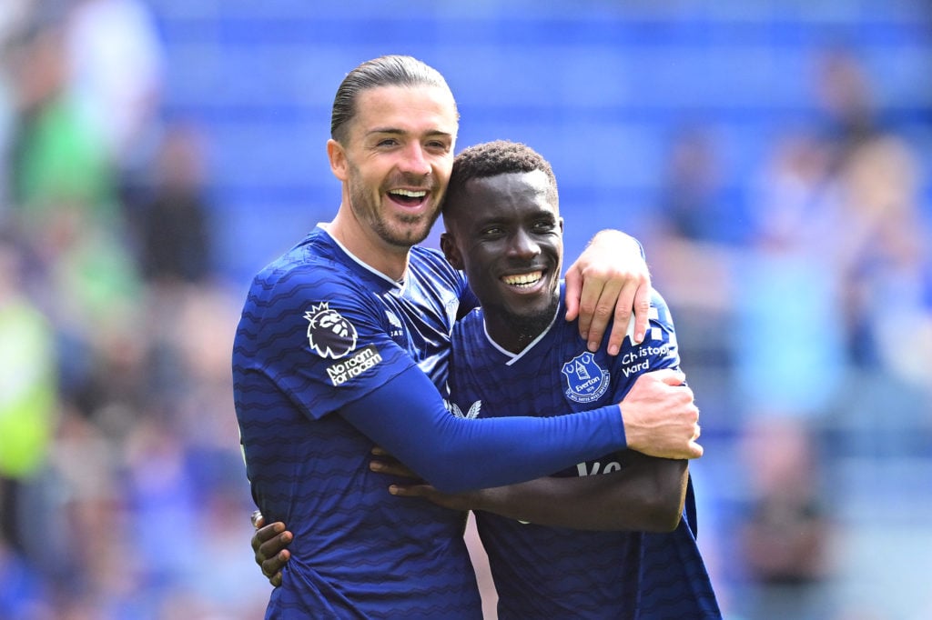 Jack Grealish and Idrissa Gana Gueye embracing each other after Everton vs Brighton & Hove Albion.