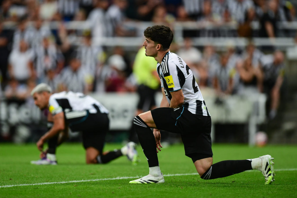 Tino Livramento on one knee during Newcastle United v Liverpool.