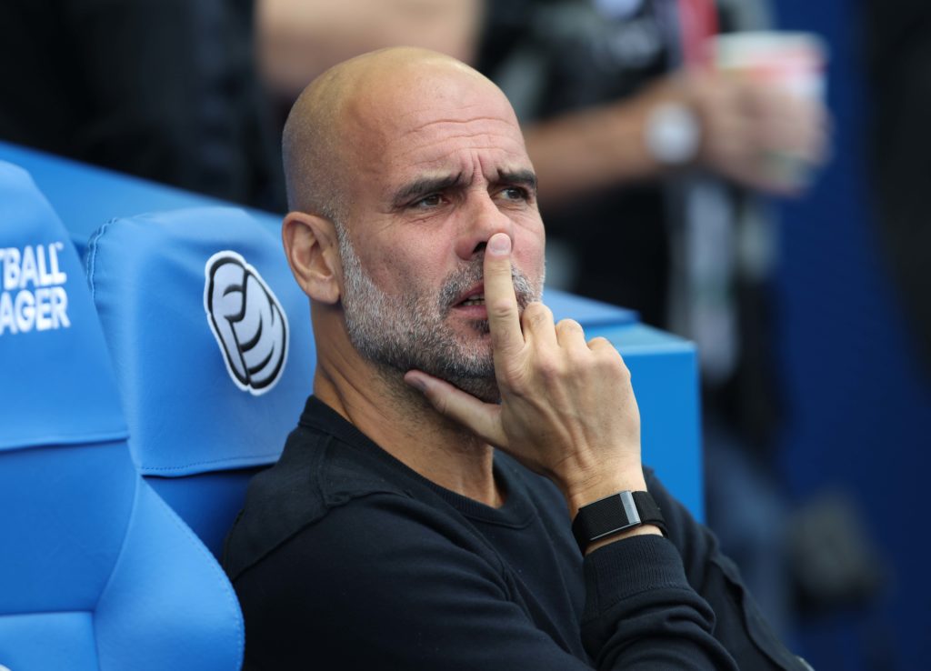 Pep Guardiola looking on during Brighton & Hove Albion v Manchester City.