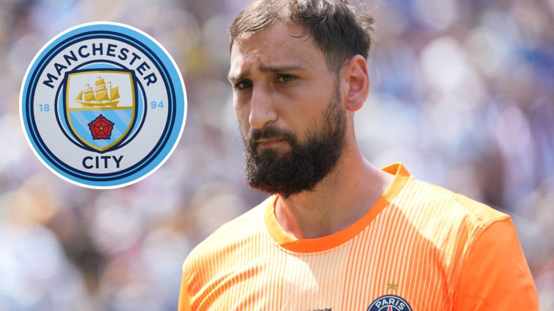 Gianluigi Donnarumma of Paris Saint-Germain looking on (main image) with inset of Manchester City badge (top left corner)