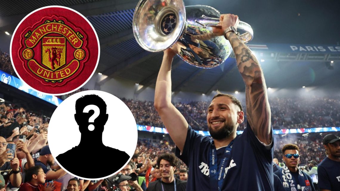 Gianluigi Donnarumma of Paris Saint-Germain celebrating (main image) with insets of Manchester United badge (top left corner) and mystery player (b...