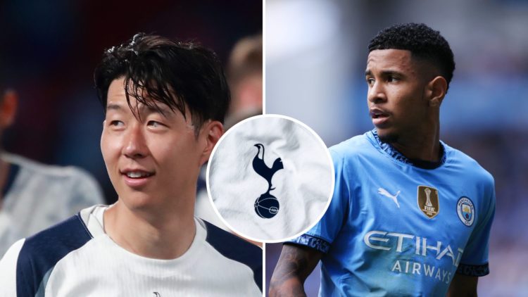 Split Image of Heung-min Son looking happy (left) and Savinho looking on (right) with inset of Tottenham Hotspur badge (top left corner)