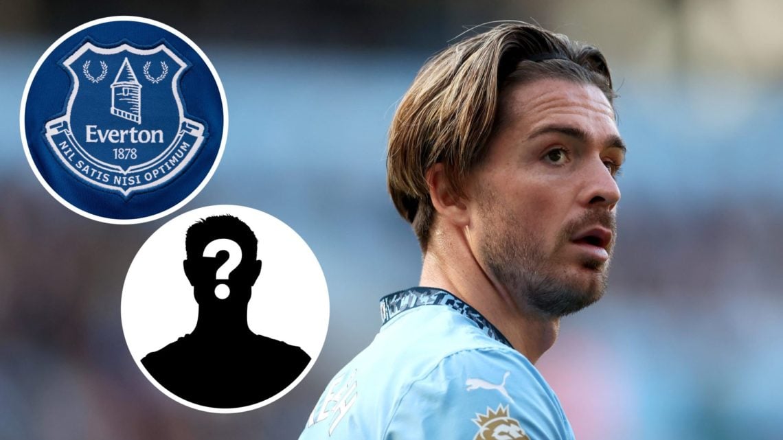 Jack Grealish of Manchester City in action (main image) with insets of Everton badge (top left corner) and mystery player (bottom left corner)