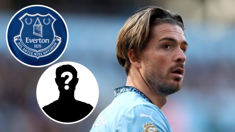 Jack Grealish of Manchester City in action (main image) with insets of Everton badge (top left corner) and mystery player (bottom left corner)