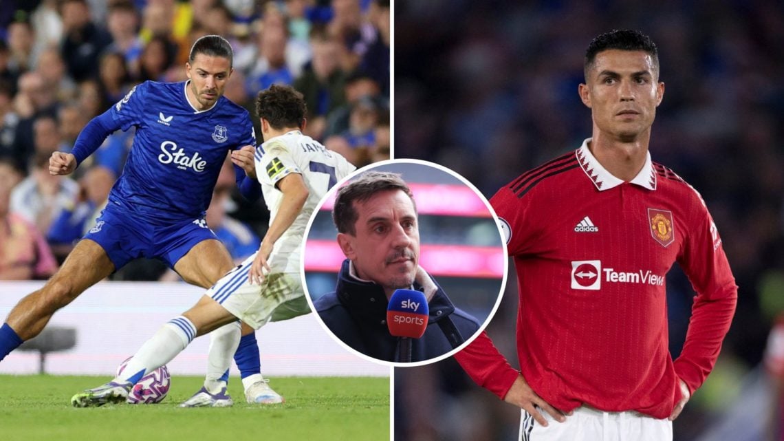 Split Image of Jack Grealish with the ball at his feet (left) and Cristiano Ronaldo in action (right) with inset of Gary Neville speaking (middle)