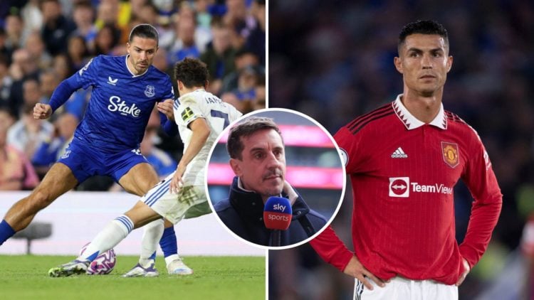 Split Image of Jack Grealish with the ball at his feet (left) and Cristiano Ronaldo in action (right) with inset of Gary Neville speaking (middle)