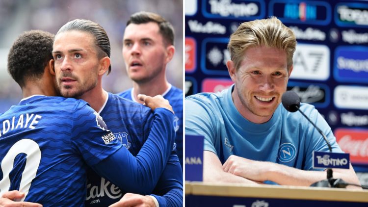 Split Image of Jack Grealish looking on during Premier League match against Brighton & Hove Albion (right) and Napoli's Kevin De Bruyne smiling dur...