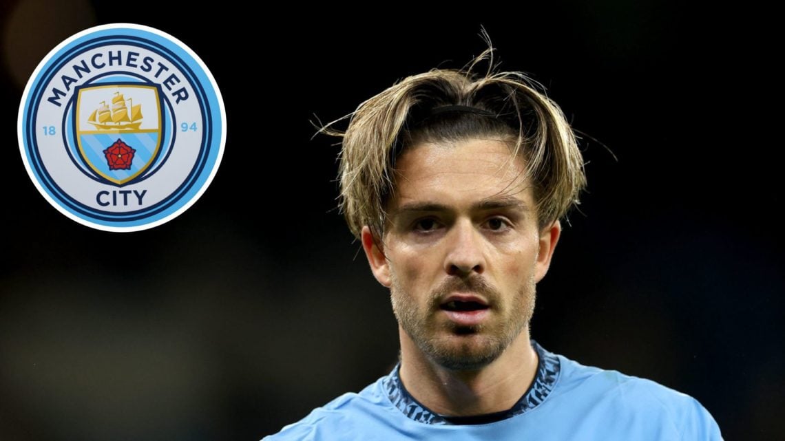 Jack Grealish looking on (main image) with inset of Manchester City badge (top left corner)