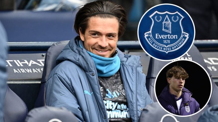 Jack Grealish of Manchester City smiling (main image) with insets of Tyler Dibling leaving the pitch (bottom right corner) and Everton badge (top r...