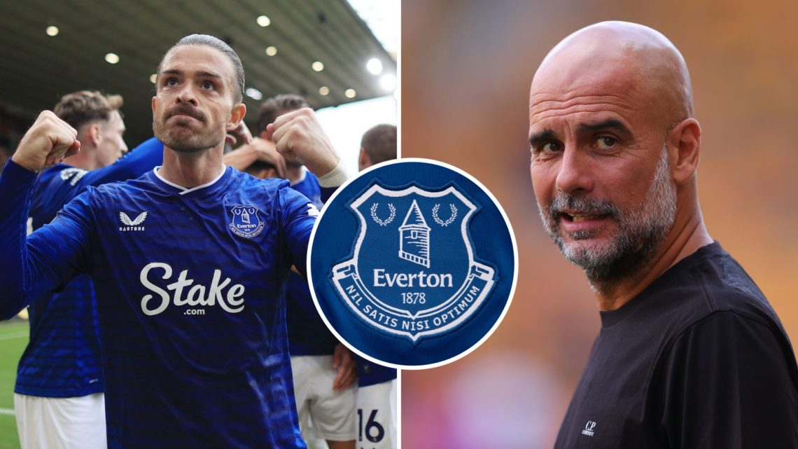 Split Image of Jack Grealish celebrating (left) and Manchester City's Pep Guardiola looking on (right) with inset of Everton badge (middle)
