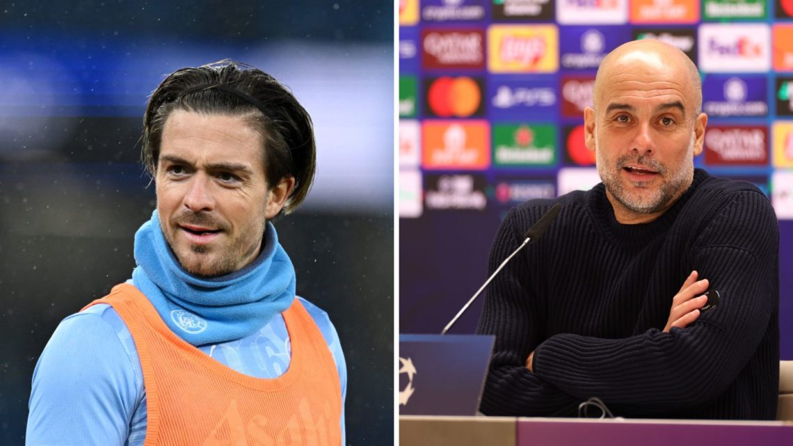 Split Image of Manchester City's Jack Grealish warming up (left) and Pep Guardiola smiling during a press conference (right)