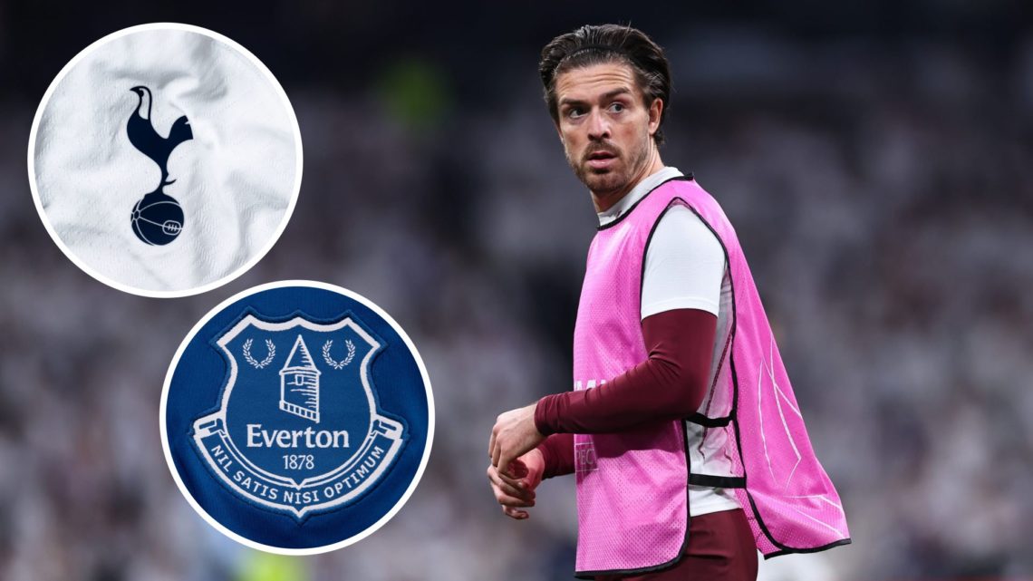 Jack Grealish of Manchester City looking on (main image) with insets of Tottenham Hotspur badge (top left corner) and Everton badge (bottom left co...