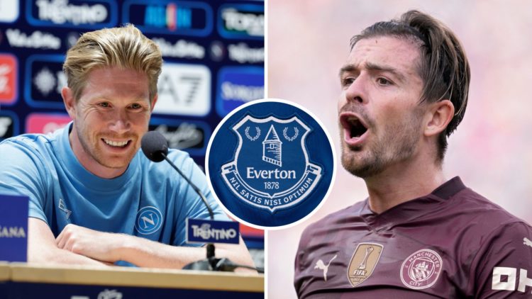 Split Image of Kevin De Bruyne of Napoli speaking during a press conference (left) and Jack Grealish of Manchester City shouting (left) with inset ...
