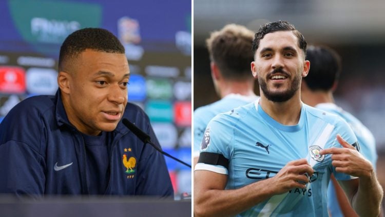 Split Image of Kylian Mbappe speaking (left) and Manchester City's Rayan Cherki celebrating (right)