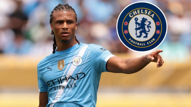 Manchester City's Nathan Ake in action (main image) with inset of Chelsea badge (top right corner)