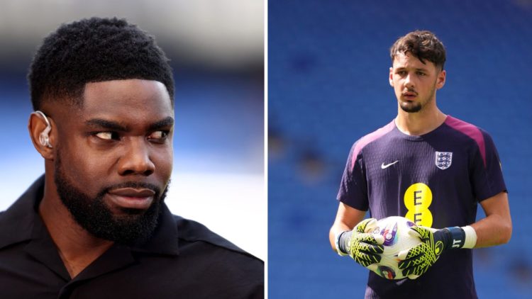 Split Image of Micah Richards looking on (left) and James Trafford of England with a football in his hands (right)