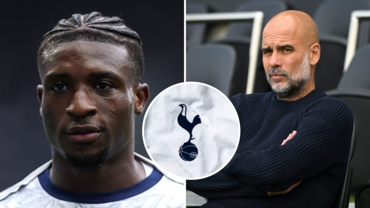 Split Image of Mohammed Kudus warming up (left) and Manchester City's Pep Guardiola looking on (right) with inset of Tottenham Hotspur badge (middle)