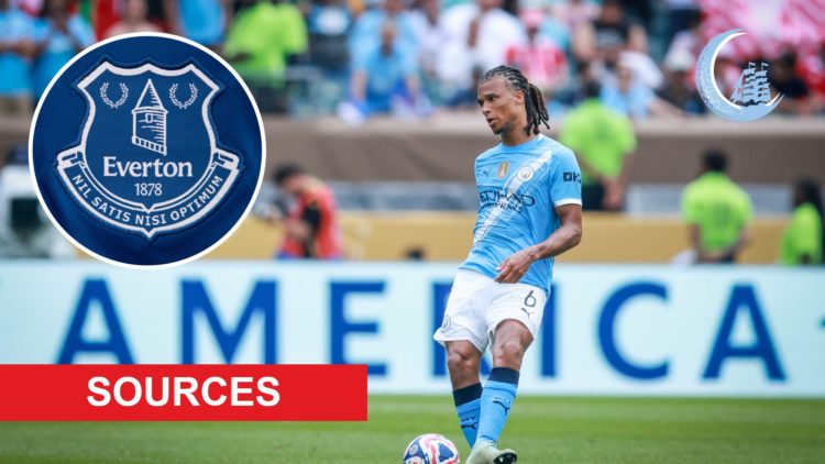 Nathan Ake of Manchester City in action (main image) with insets of MCN Logo (top right corner), Everton Badge (top left corner) and Sources Banner...